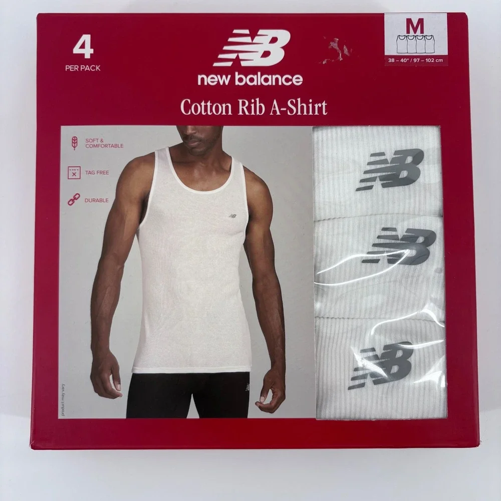 New Balance Mens 4 Pack Cotton Rib A-Shirt White Size Medium Tagless Undershirts